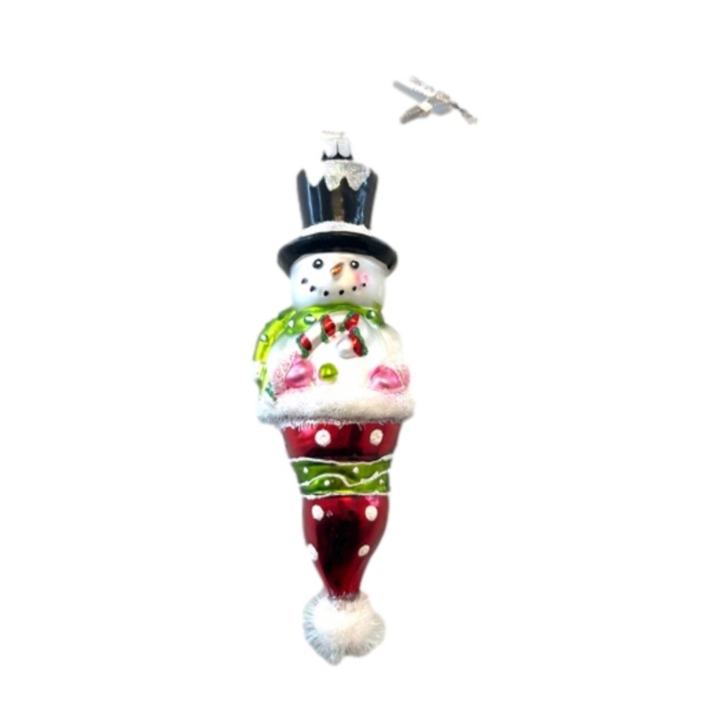 Christmas Ornament Mercury Glass Signed JS Snowman Coming Out Of Hat